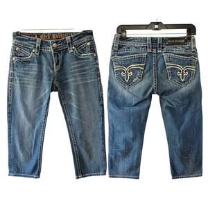 Rock Revival Amy Boot Crop Capri Blue Jeans Low Rise Heavy Stitch Bling 27